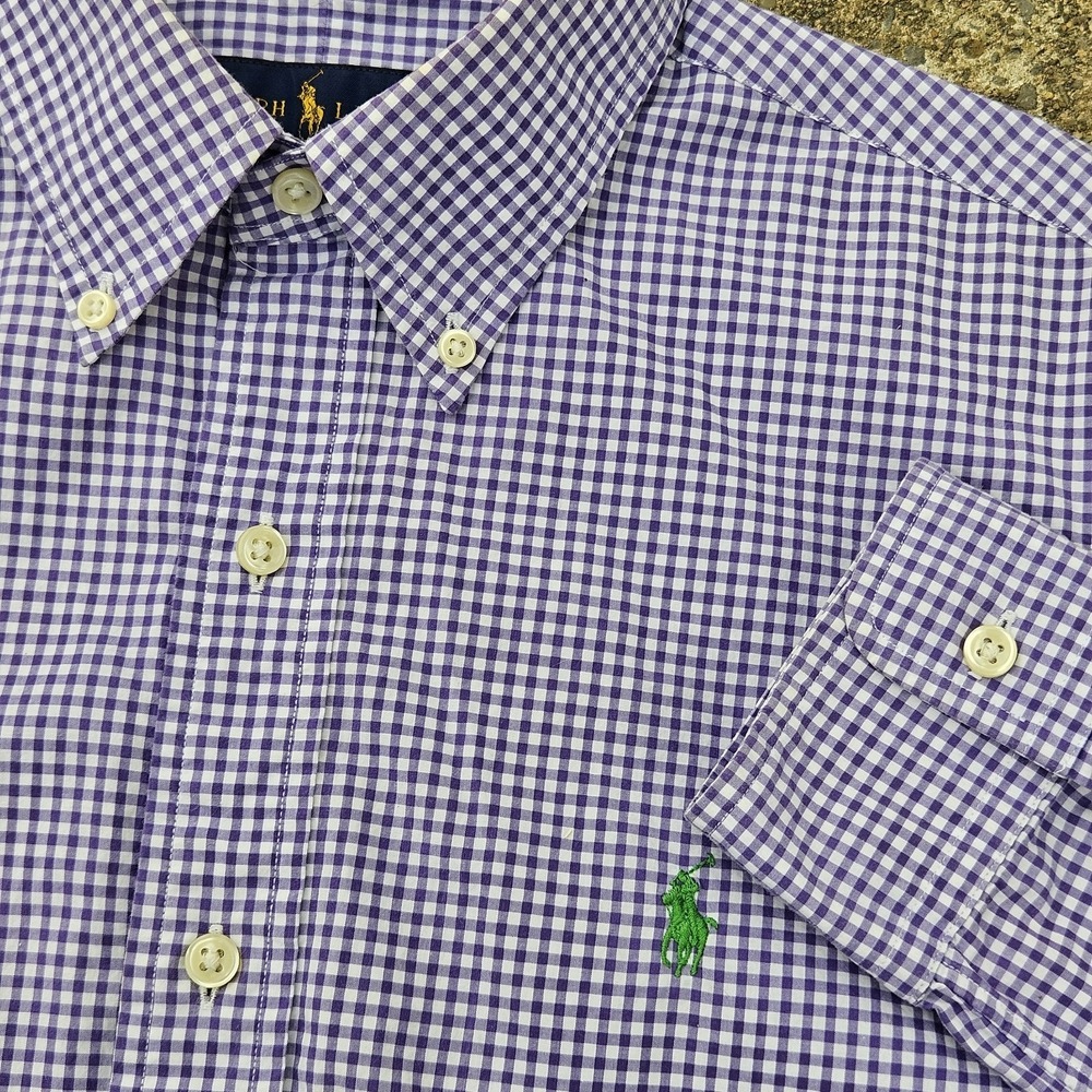 Ralph Lauren Men's Shirt Button Down Long Sleeve Small Purple Plaid Gingham Logo